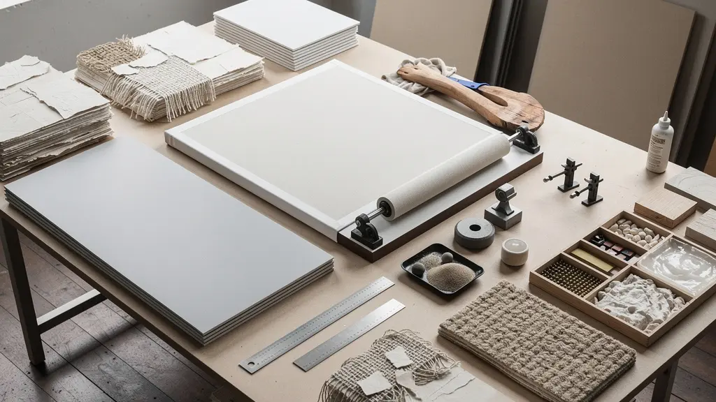 Artist mounting canvas to rigid wood panel for heavy mixed media collage