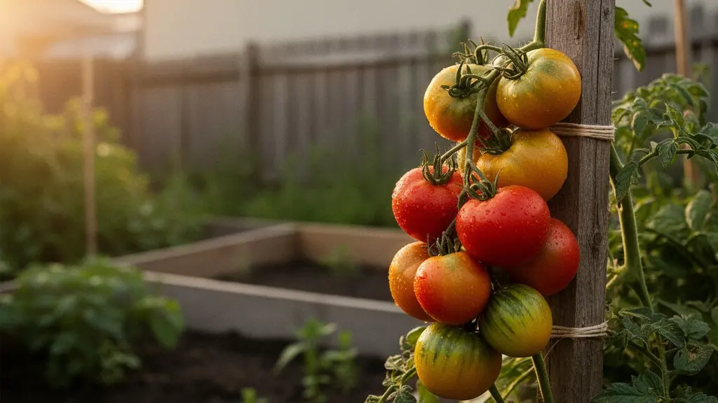 Ripe colorful heirloom tomatoes hanging from a vine on a wooden trellis in warm golden afternoon light, showcasing the visual abundance of vertical growing.