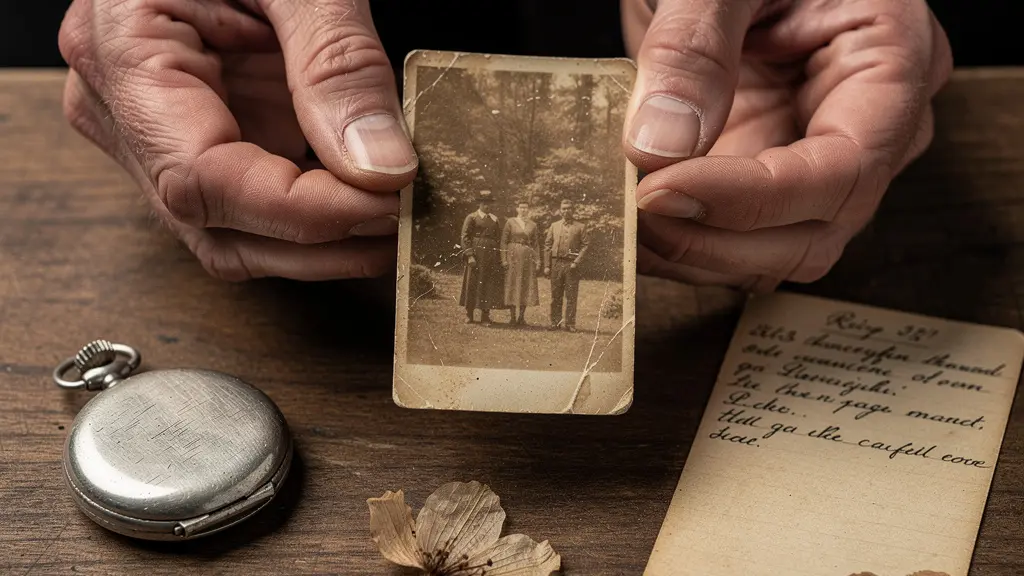 Interview setup with old photographs, vintage objects and recording equipment arranged on wooden table