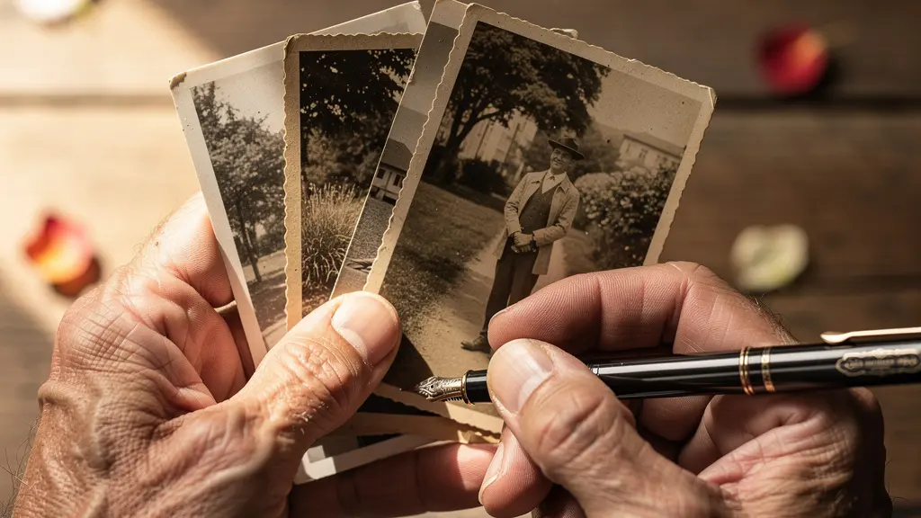 Close-up of hands holding old photographs with writing materials nearby
