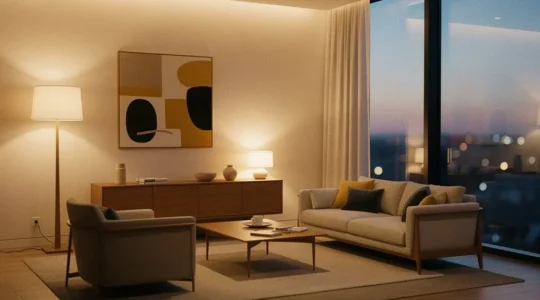 Modern living room with warm ambient smart lighting creating a relaxing evening atmosphere