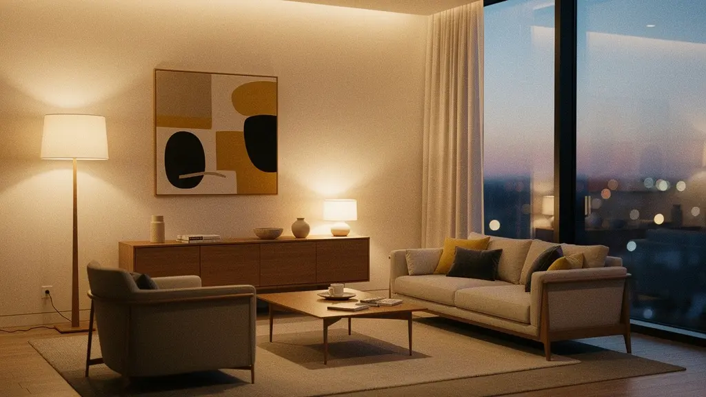 Modern living room with warm ambient smart lighting creating a relaxing evening atmosphere