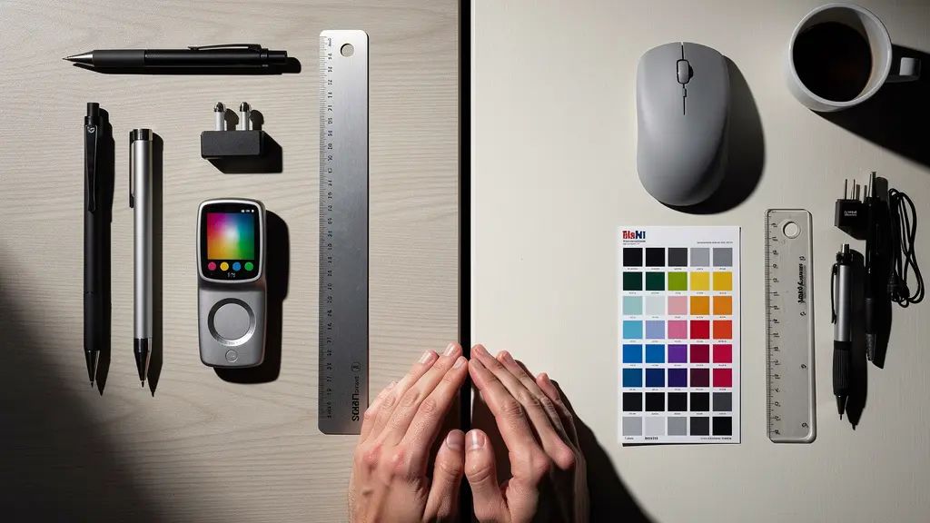 Designer contemplating software choice with symbolic visual elements