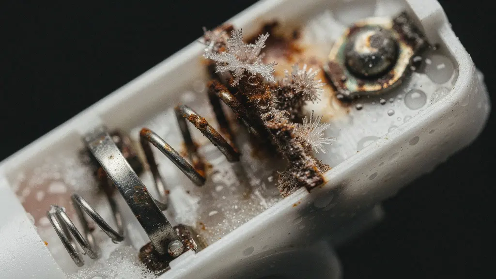 Macro close-up of corroded metal contacts and moisture residue inside a small outdoor solar light housing, showing seal failure damage.