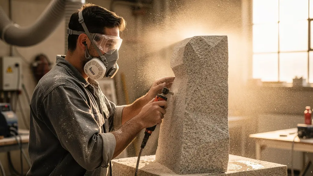 Stone sculptor wearing protective respirator while carving marble in a well-ventilated studio