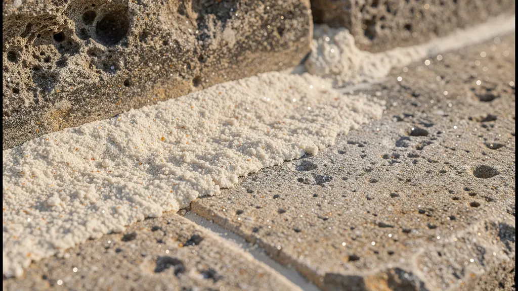 Extreme close-up of historic stone wall showing traditional lime mortar application