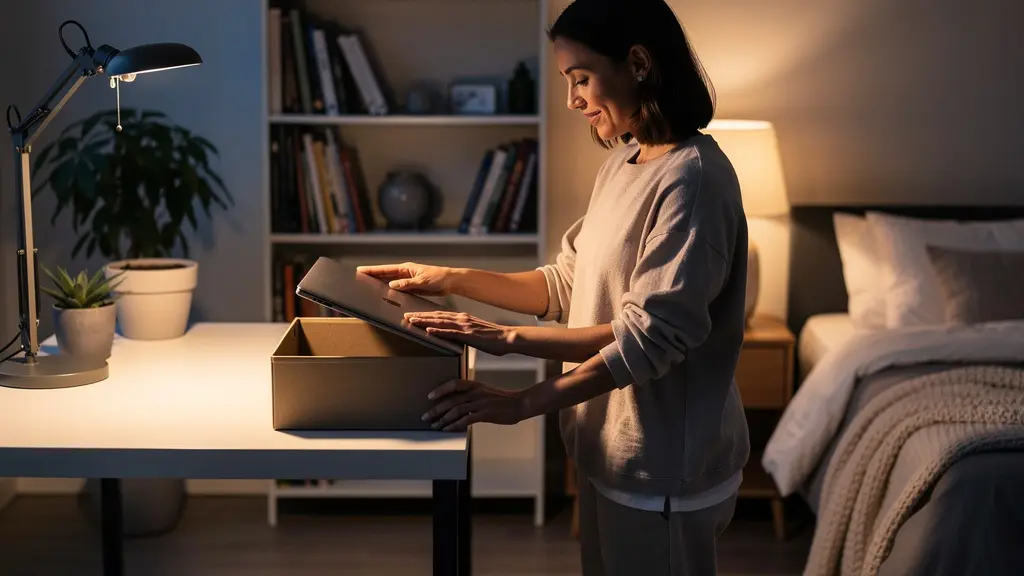 Studio apartment showing distinct work and sleep zones through lighting and furniture arrangement