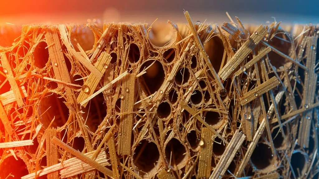 Cross-section showing heat absorption and release cycle through dense fiber insulation
