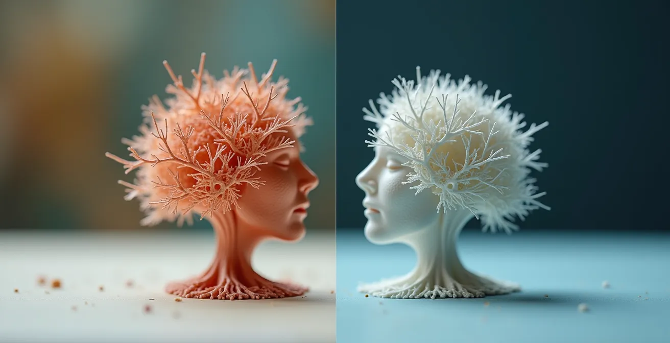 Close-up macro comparison of tree support and standard support structures on 3D printed parts