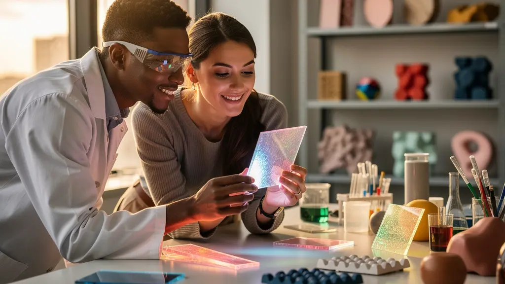 Scientists and artists examining experimental materials together in modern research facility
