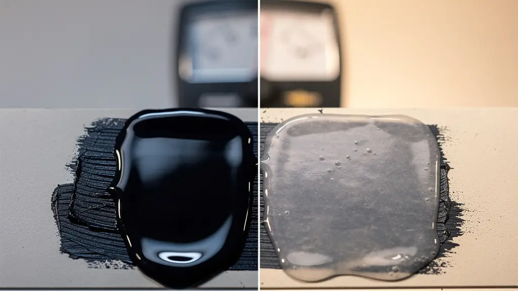 Split view showing clear varnish versus clouded varnish on dark oil paint surface