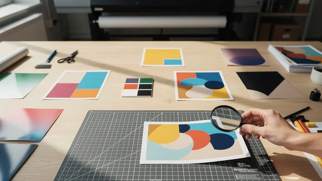 Professional designer workspace with large format printing proofs and vector graphics preparation