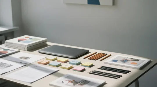 Strategic workspace for visual arts grant proposal writing with research materials and artistic portfolios