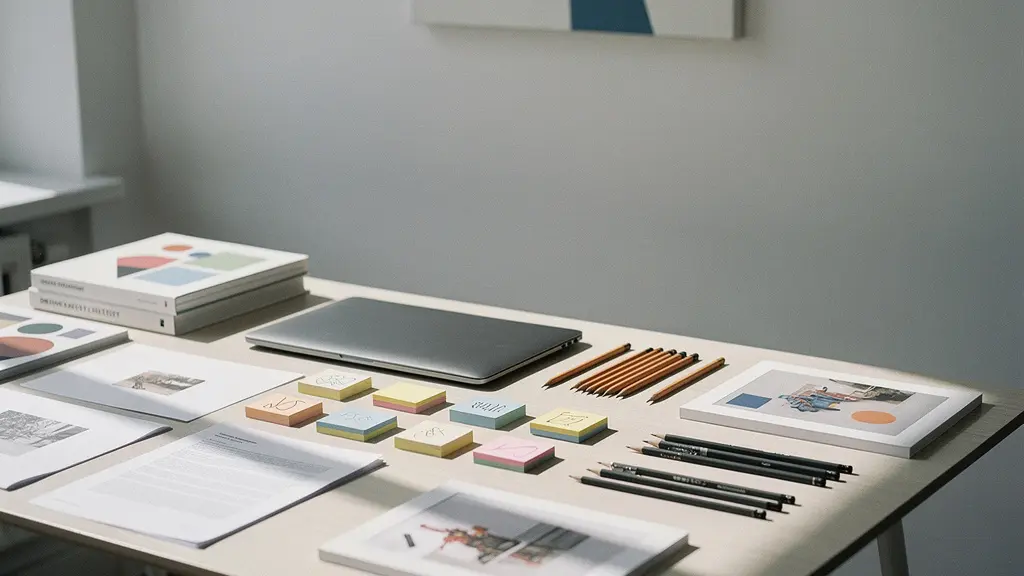 Strategic workspace for visual arts grant proposal writing with research materials and artistic portfolios