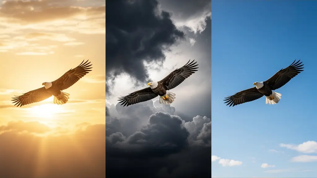 An abstract eagle soaring through different atmospheric conditions, maintaining its powerful form to symbolize brand consistency across varied platforms.