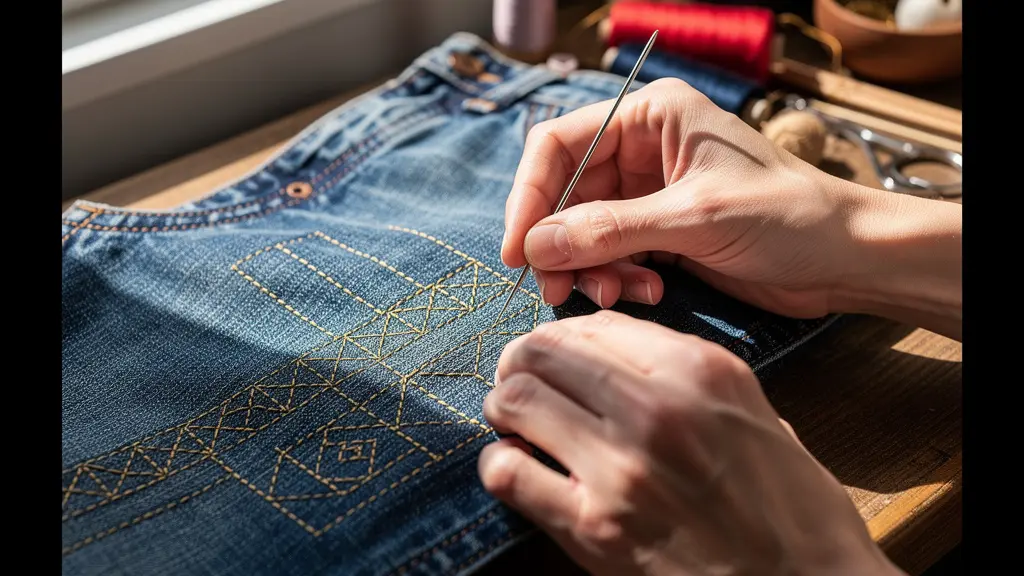 Hands working on visible mending technique on existing clothing