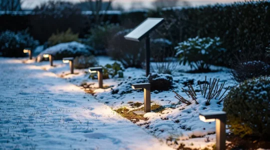 Snow-dusted garden pathway at dusk with a mix of glowing and dim solar lights, showing how winter affects brightness and ambiance.