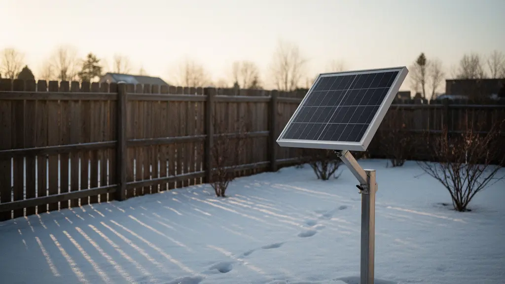 Wide winter yard scene with a solar panel tilted steeply toward the low sun near a fence line, showing clear negative space and clean composition.