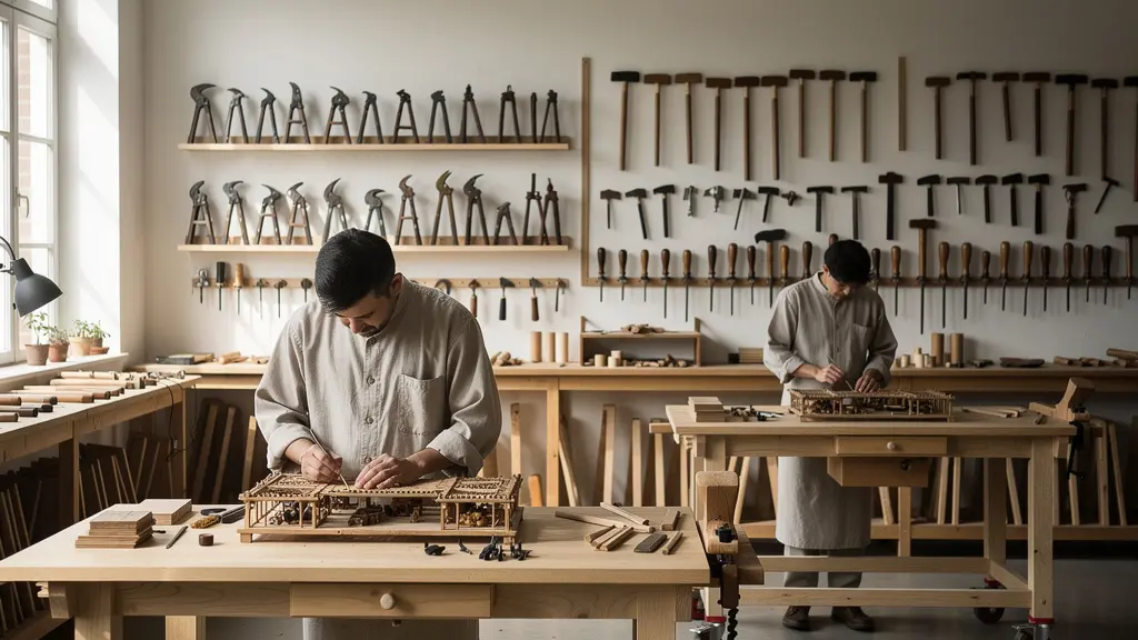 Wide shot of traditional workshop showing master and apprentice working at separate benches in parallel